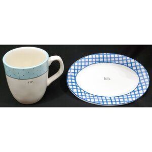 Rae Dunn Magenta SIP Coffee Cup Mug TASTE Oval Plate rustic white with blue band